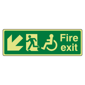 Photoluminescent Wheelchair Fire Exit Arrow Down Left Sign