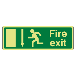 Photoluminescent EC Fire Exit Arrow Down Sign with text
