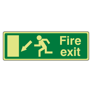 Photoluminescent EC Fire Exit Arrow Down Left Sign with text