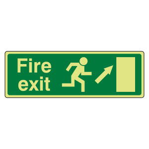 Photoluminescent EC Fire Exit Arrow Up Right Sign with text