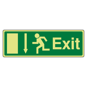 Photoluminescent EC Exit Arrow Down Sign with text