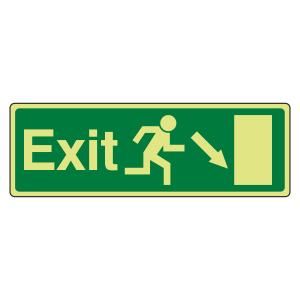 Photoluminescent EC Exit Arrow Down Right Sign with text