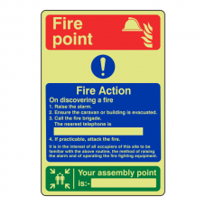 Photoluminescent Caravan Site Fire Action Sign / Your Nearest Assembly Point Is