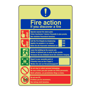 Photoluminescent Multilingual Fire Action Sign / If You Discover A Fire