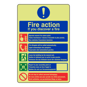 Photoluminescent Multi-Lingual Fire Action Sign