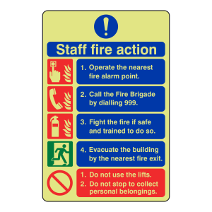 Photoluminescent 5 Point Staff Fire Action Sign - Do Not Use Lifts