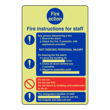 Photoluminescent Fire Action Sign - Fire Instructions For Staff