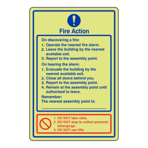 Photoluminescent Fire Action Sign / Do not use lifts