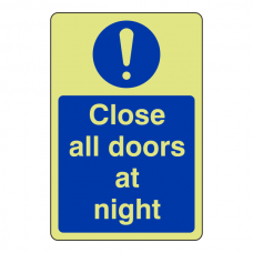 Photoluminescent Close All Doors At Night Sign (Portrait)