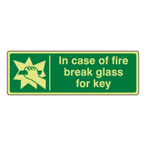 Photoluminescent In Case Of Fire Break Glass For Key Sign (Landscape)