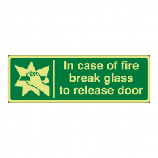 Photoluminescent In Case Of Fire Break Glass To Release Door Sign (Landscape)