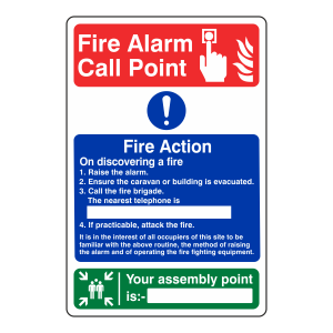 Caravan Fire Action Sign with Fire Alarm Call Point / Assembly Point
