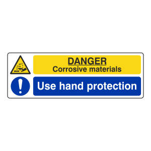 Corrosive Materials / Use Hand Protection Sign (Landscape)