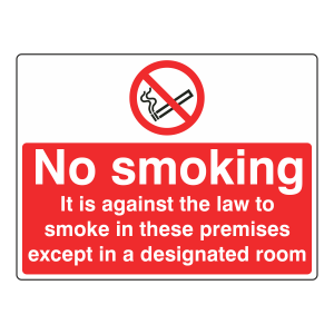 No Smoking Except In Designated Room Sign (Large Landscape)